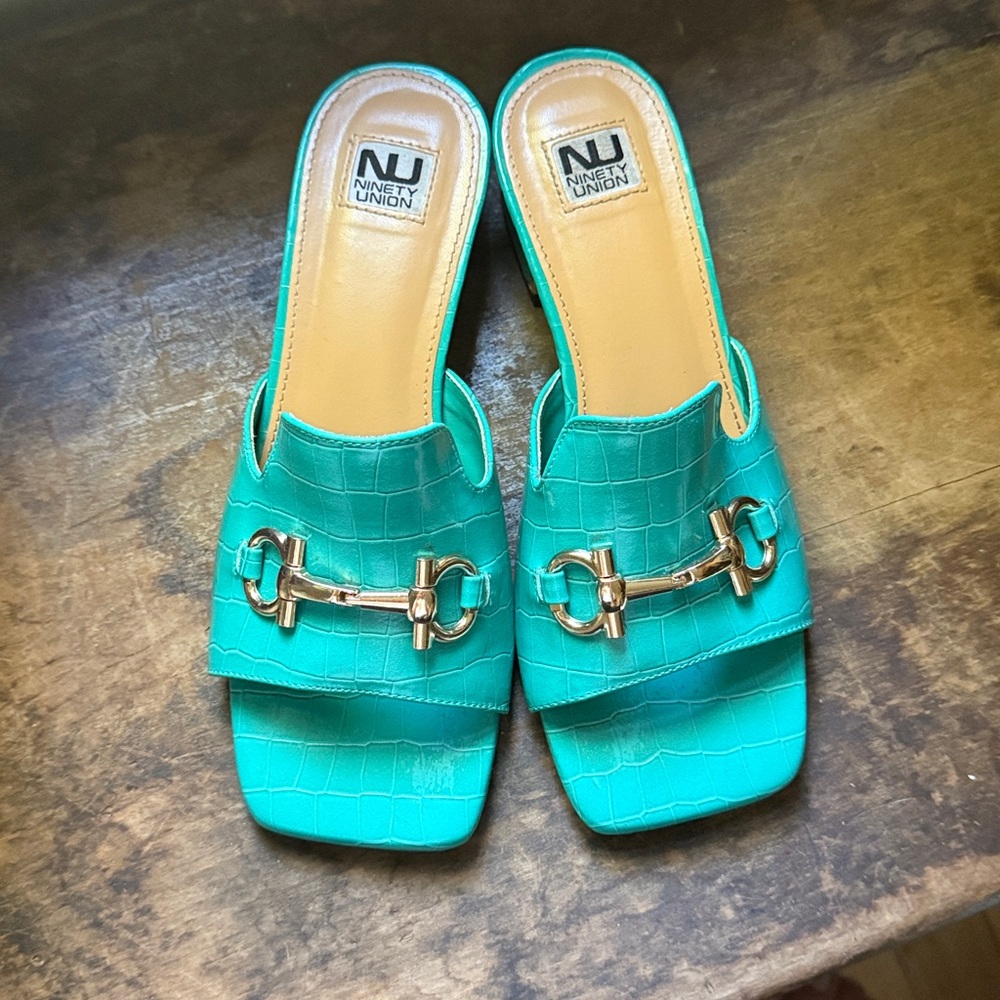 Ninety Union Turquoise Croc-Embossed Block Heel Mules